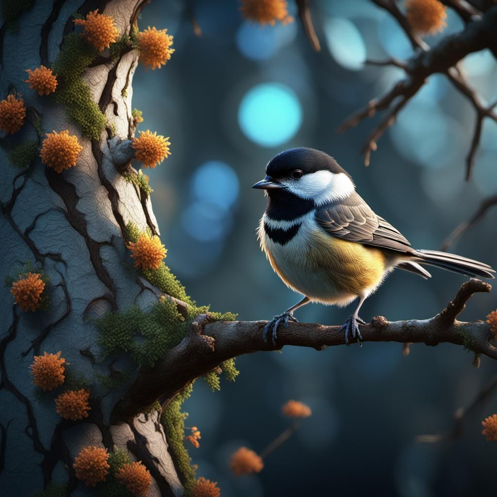 Chickadee in Tree: Detailed Matte Painting