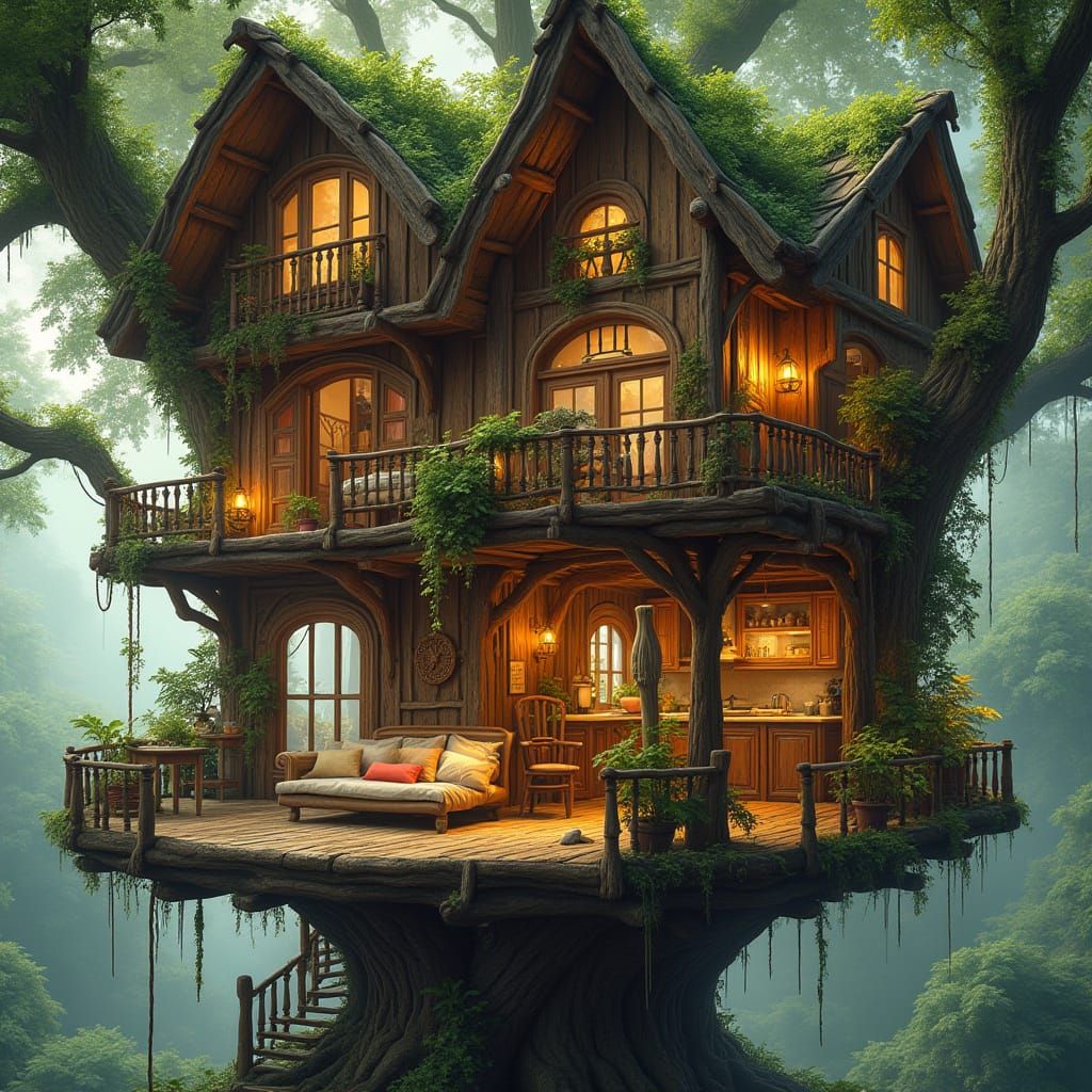 Whimsical Oak Treehouse with Rustic Elegance
