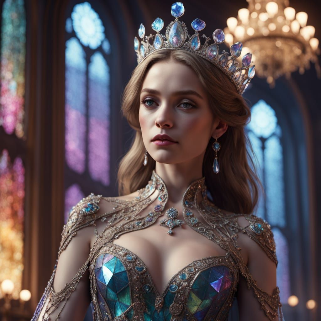Regal Queen in Opulent Glass Gown Amidst Hall of Mirrors
