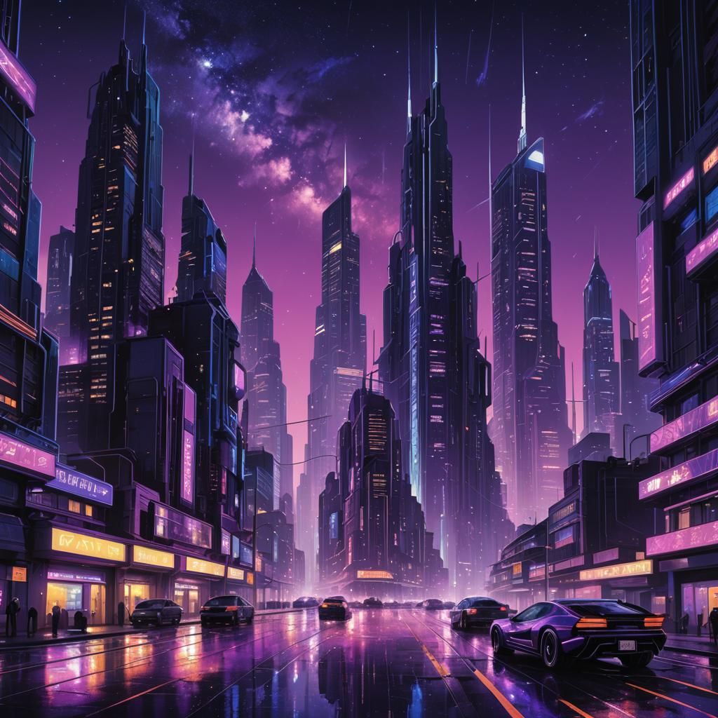 Futuristic Cityscape at Night in Neon Lights