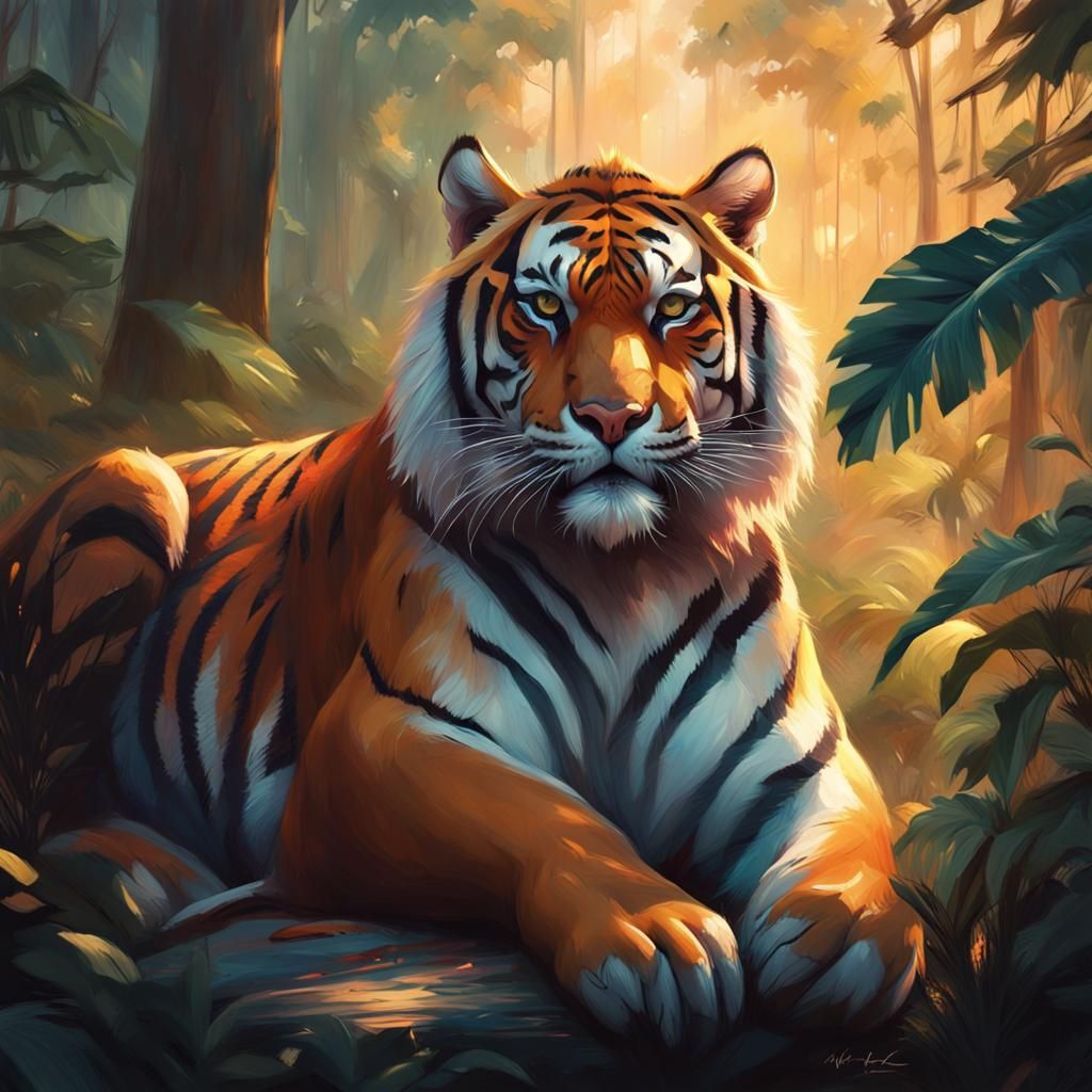 Tiger Resting in Jungle: Hyperdetailed Digital Painting