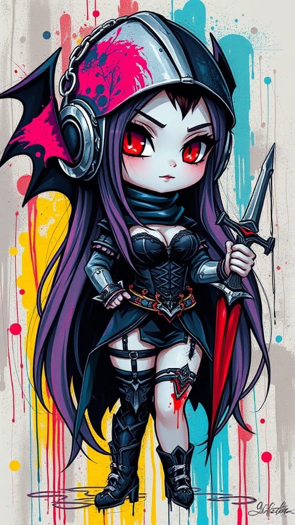 Gothic Chibi Vampire Woman in Graffiti Art Style