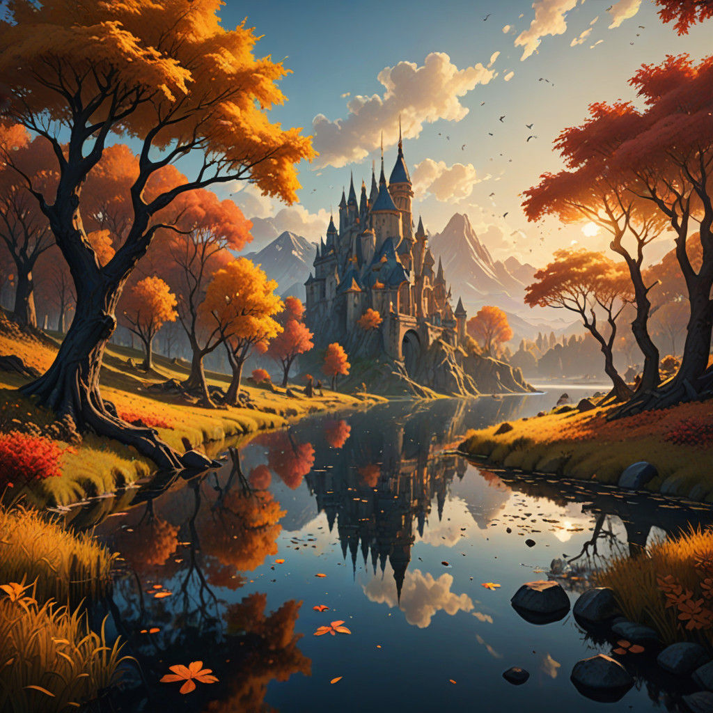 Surreal Autumn Lake Scene in Vibrant Oil Brushstrokes