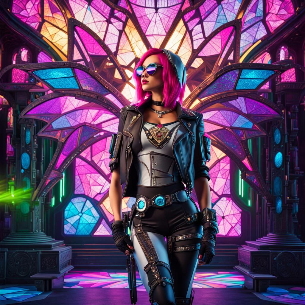 Cyberpunk Razorgirl with Stained Glass in HDR