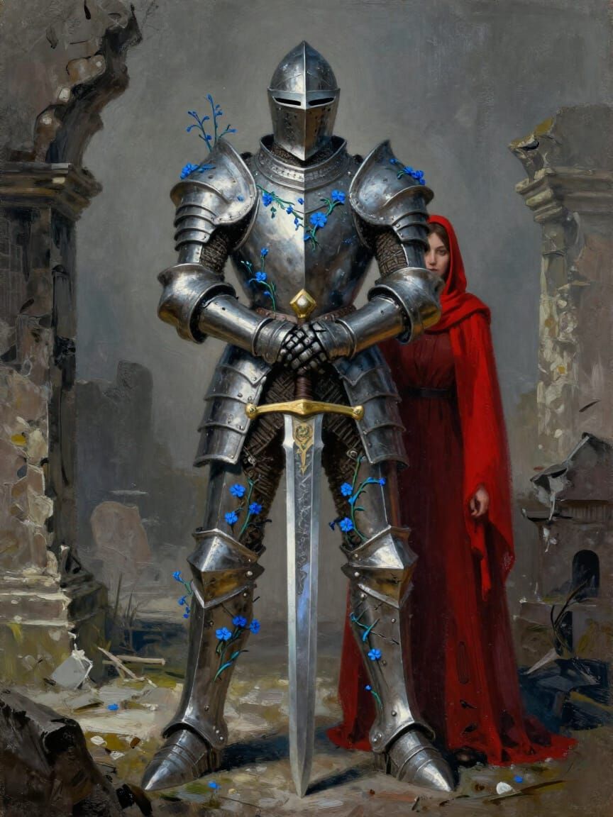 Knight in Inhuman Armor with Blue Vines in Ruins