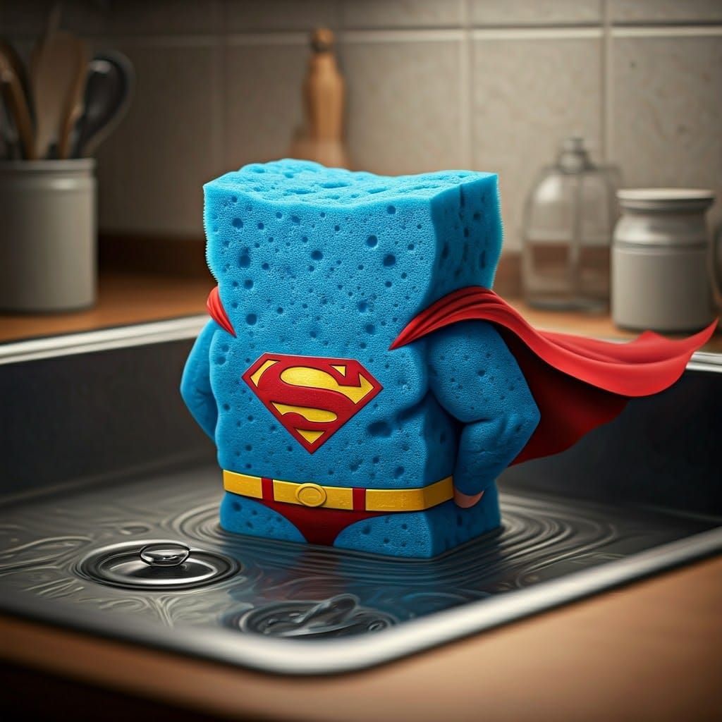 Superman as Kitchen Sponge in Comic Book Style