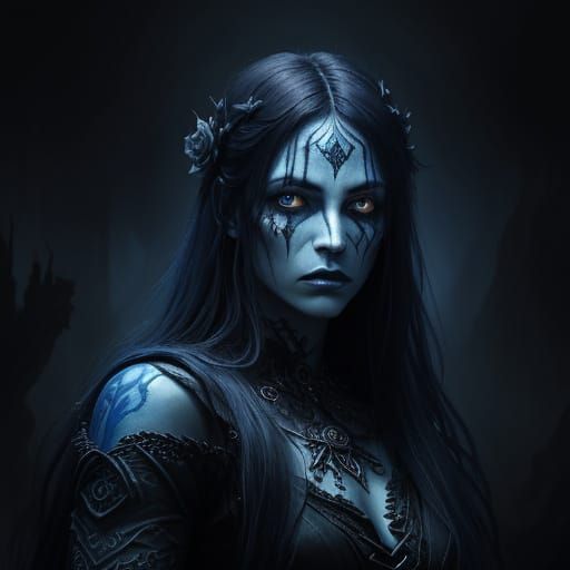 Spectral Banshee With Blue Tattoos In Gothic Fantasy Art