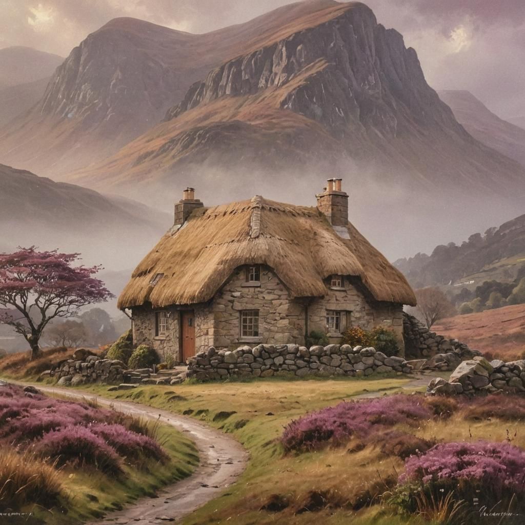 Scottish Highlands Cottage: Atmospheric Oil Painting