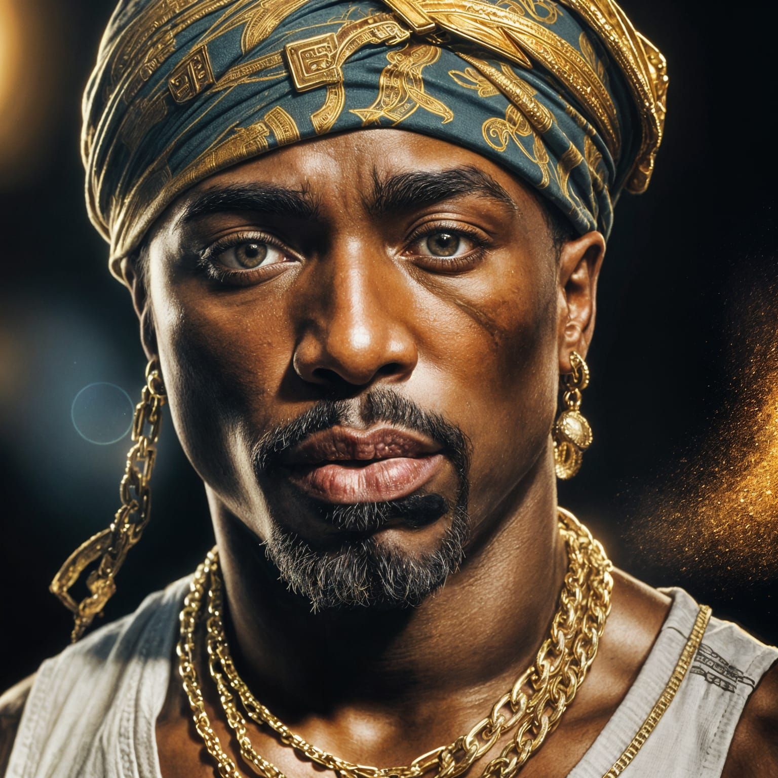 Tupac wearing gold chains portrait