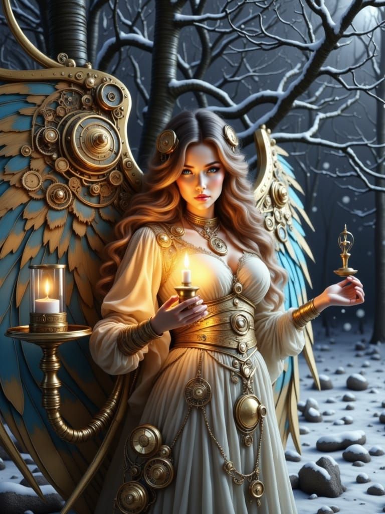 Steampunk Angel with Candle in Snowy Forest