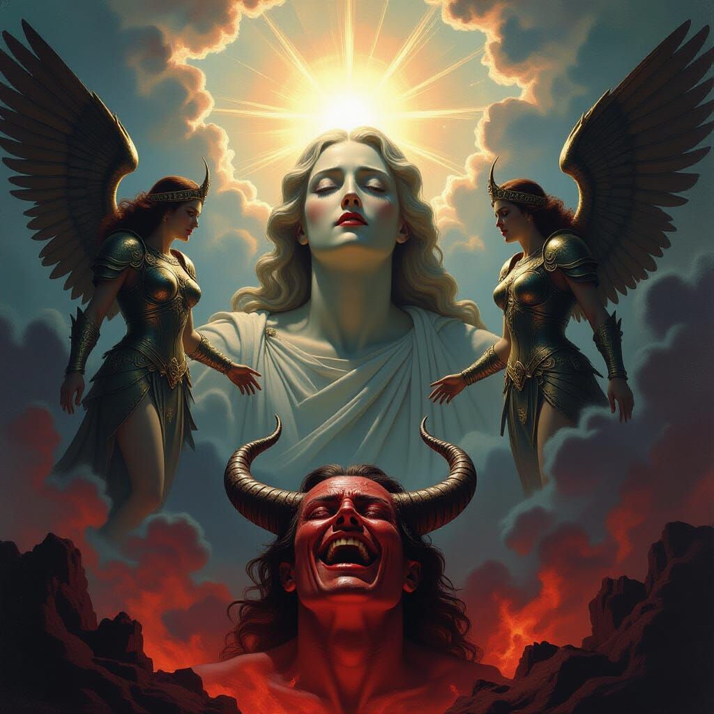 God Weeps Over Earth While Satan Laughs in Epic Oil Painting