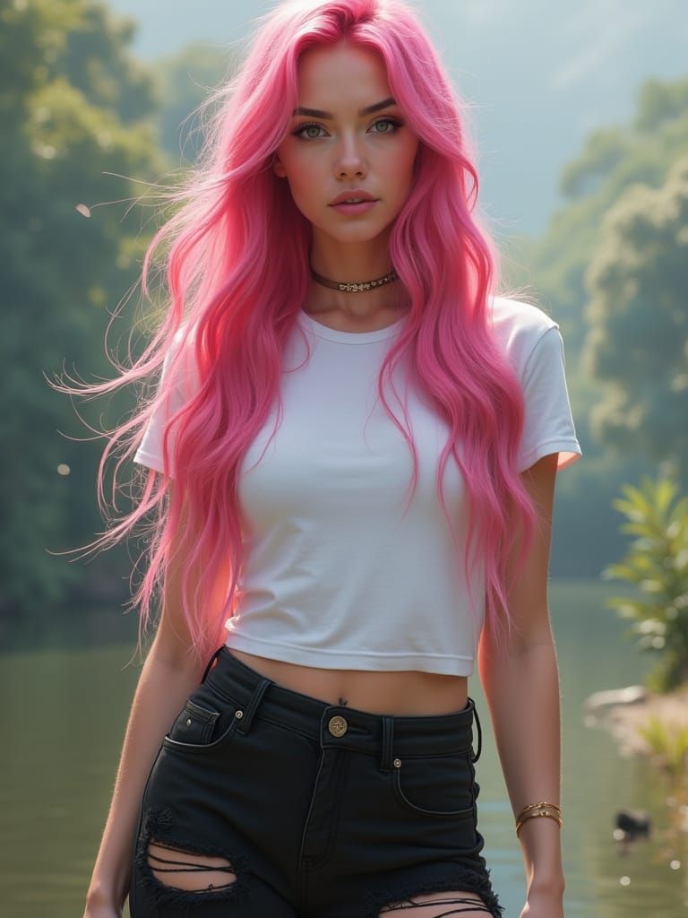 Glowing Woman in a Serene Landscape, Rendered in Photorealis...