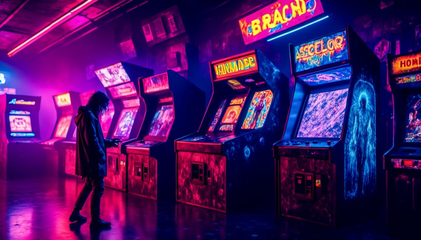 Robot Contemplates Arcade Machine in Neon 80s Style