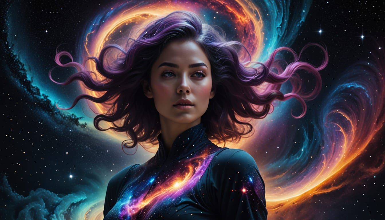 Woman Morphing Into Spiral Galaxy with Cosmic Dust