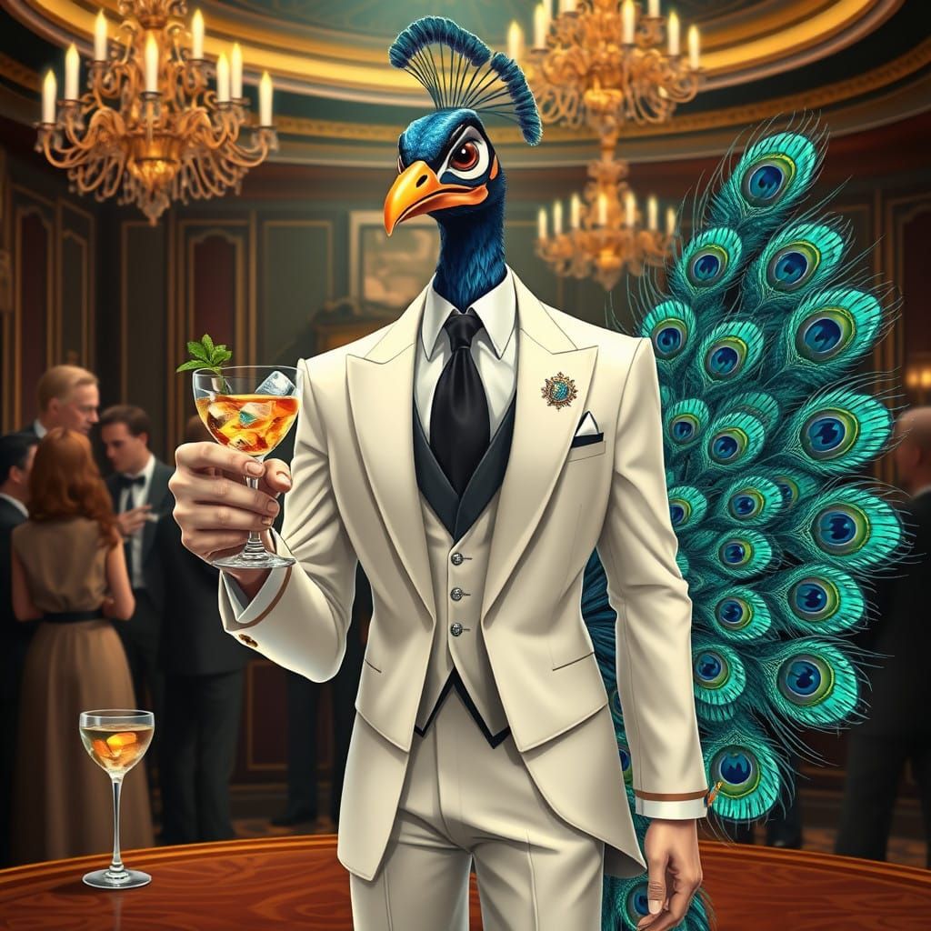 Elegant Peacock in White Suit and Black Tie at a Luxurious C...