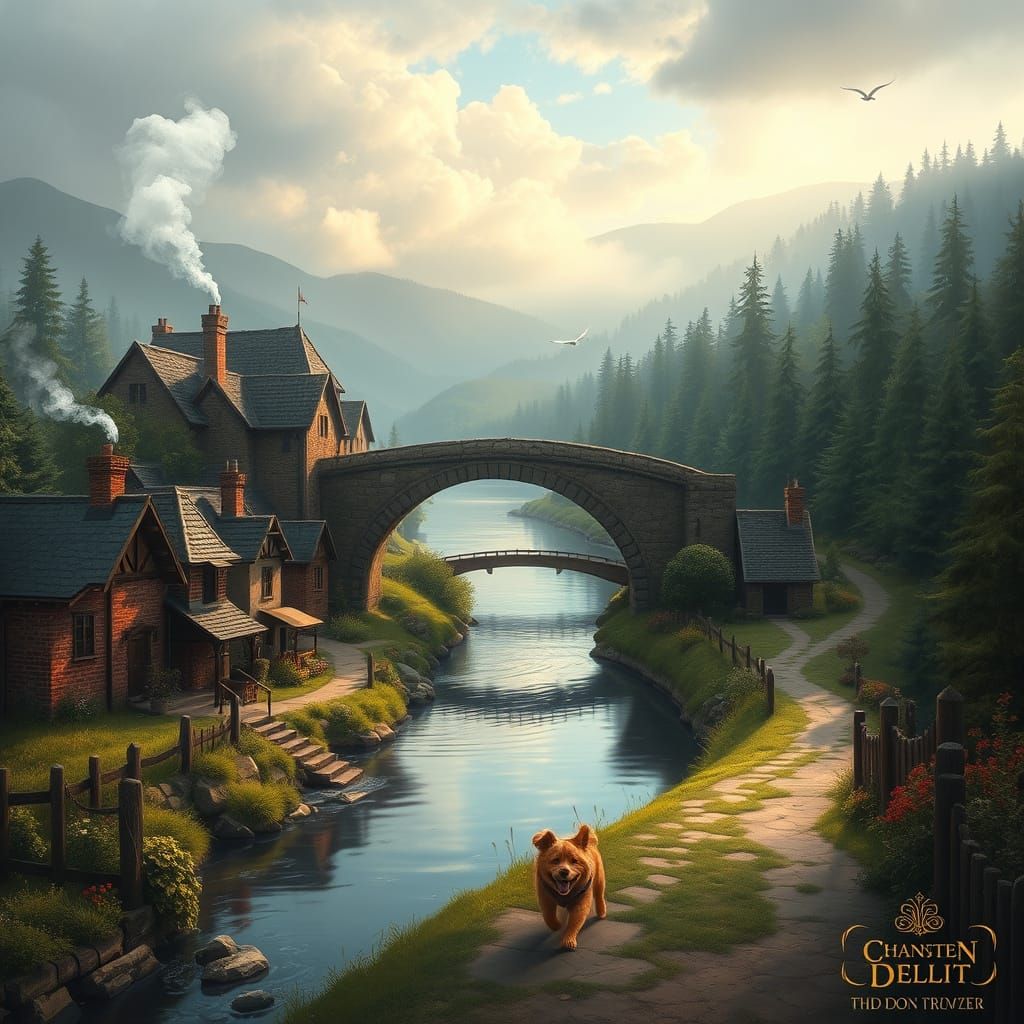 Enchanted Riverside Town with Stone Bridge and Fir Forest