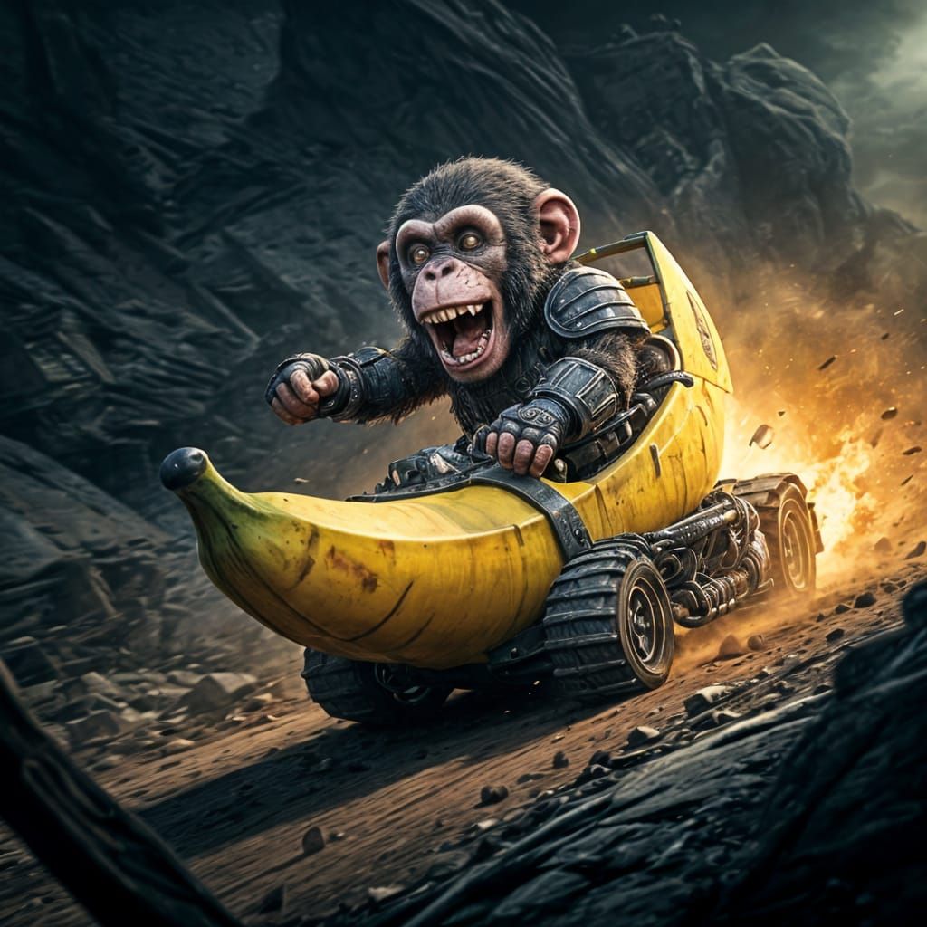 Chibi Chimp Races Banana Tank in Mad Max Style