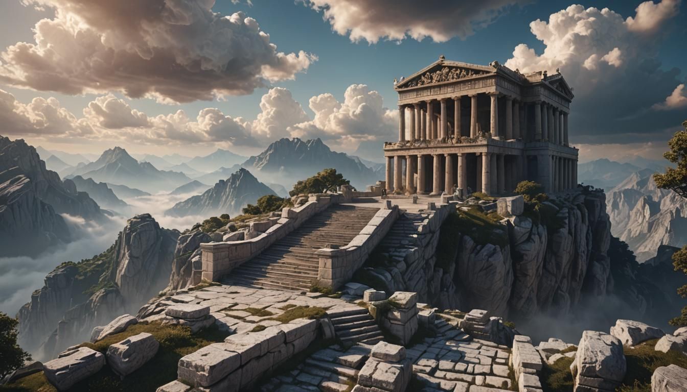 Mount Olympus Temple Ascent: Fantasy Concept Art