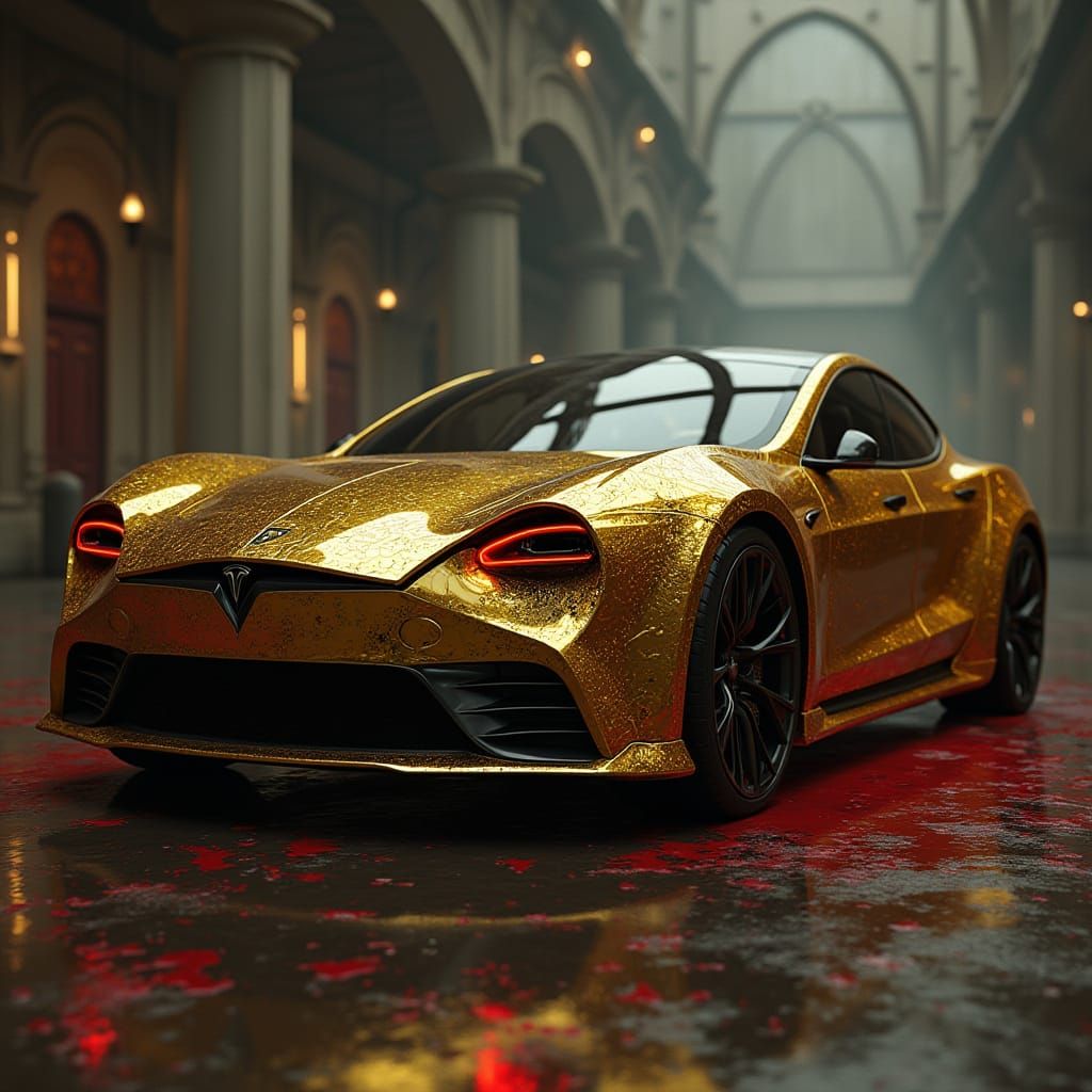 Luxury Tesla Transformed in Dark, Gilded Splendor