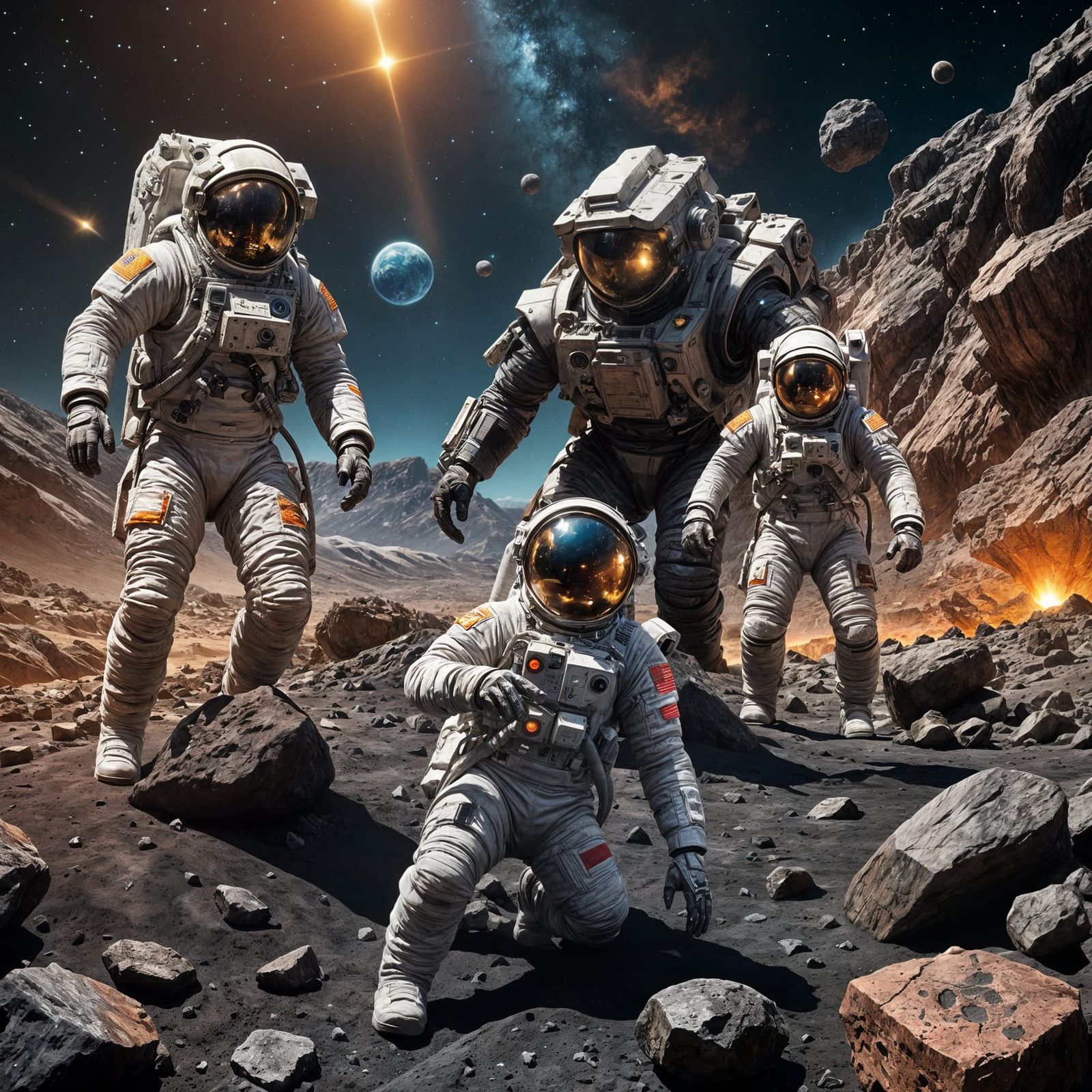 Astronauts Mining Asteroid Surface: Epic Space Art