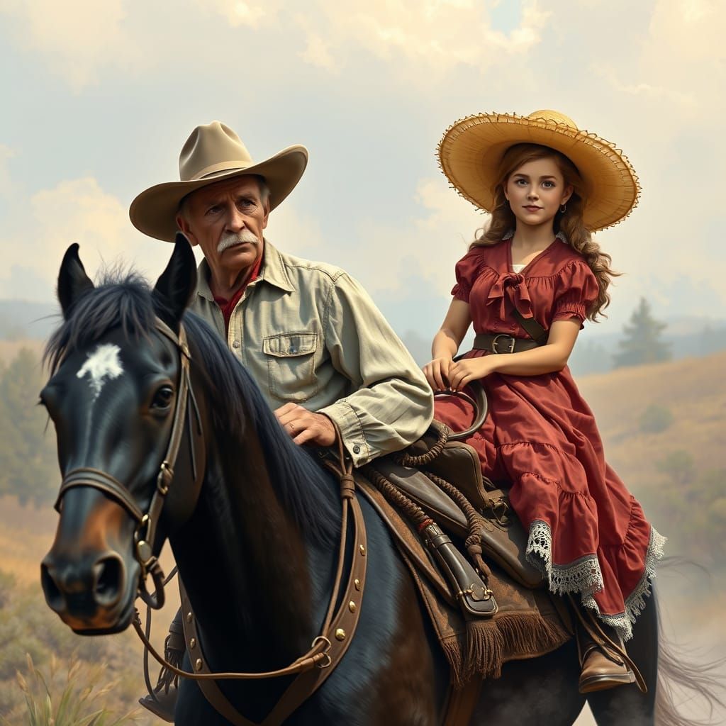 Ethereal Cowboy Rides with Pioneer Girl in Enchanted Landsca...