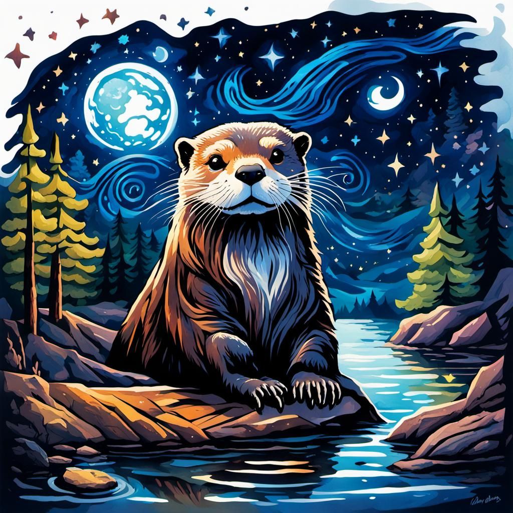 High Gothic Otter Under Starry Night, Watercolor