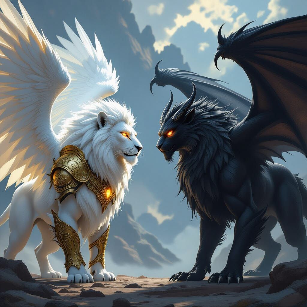 Winged Lion Versus Manticore in Epic Matte Painting