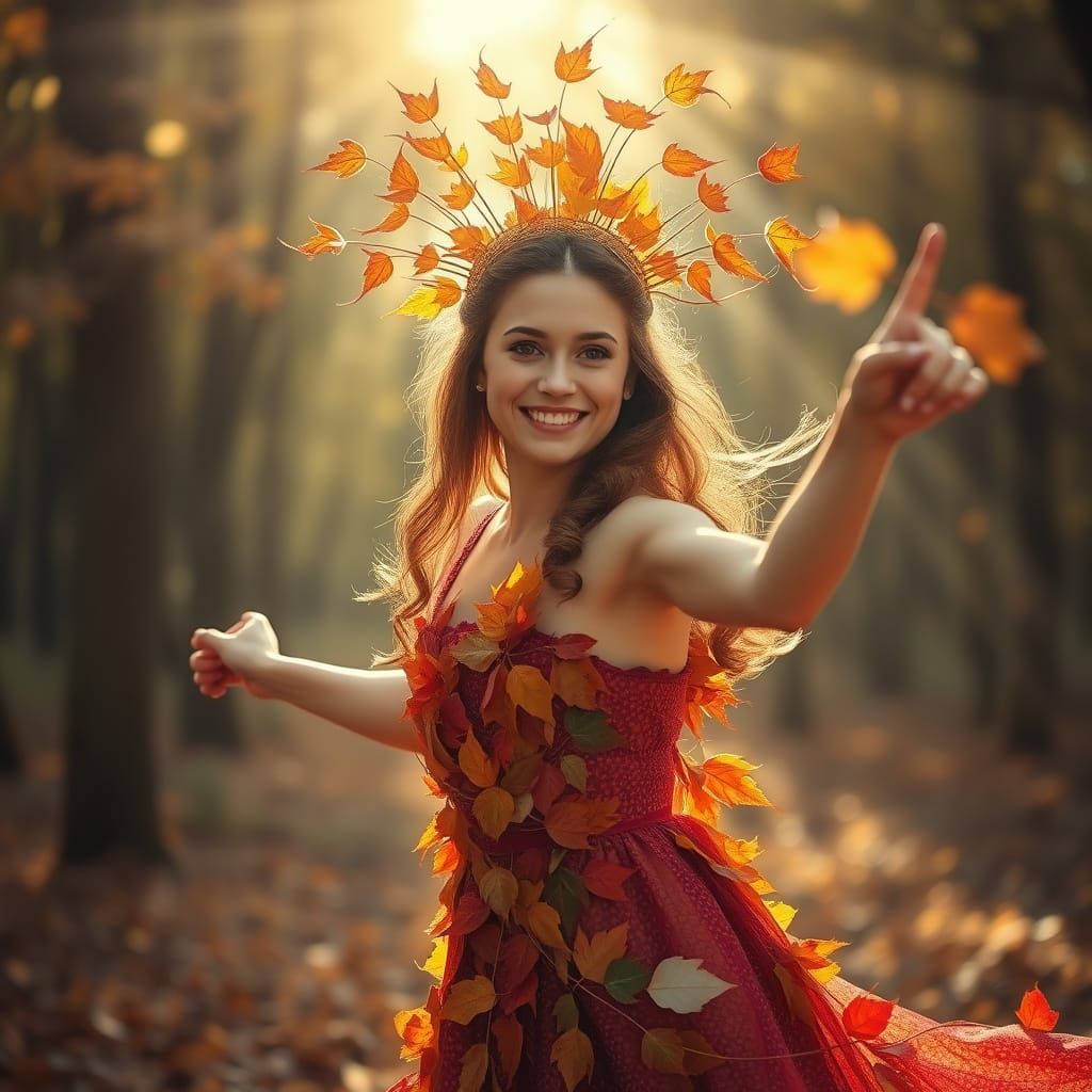 Queen of Autumn: Dancing Girl with Leaf Hair in Sunlit Fores...