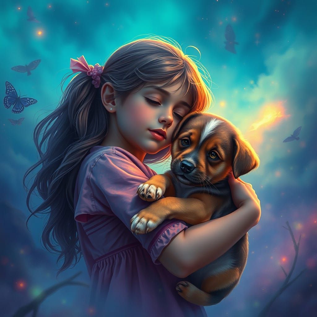 Girl Puppy Tenderness in Vibrant Ethereal Dreamscape