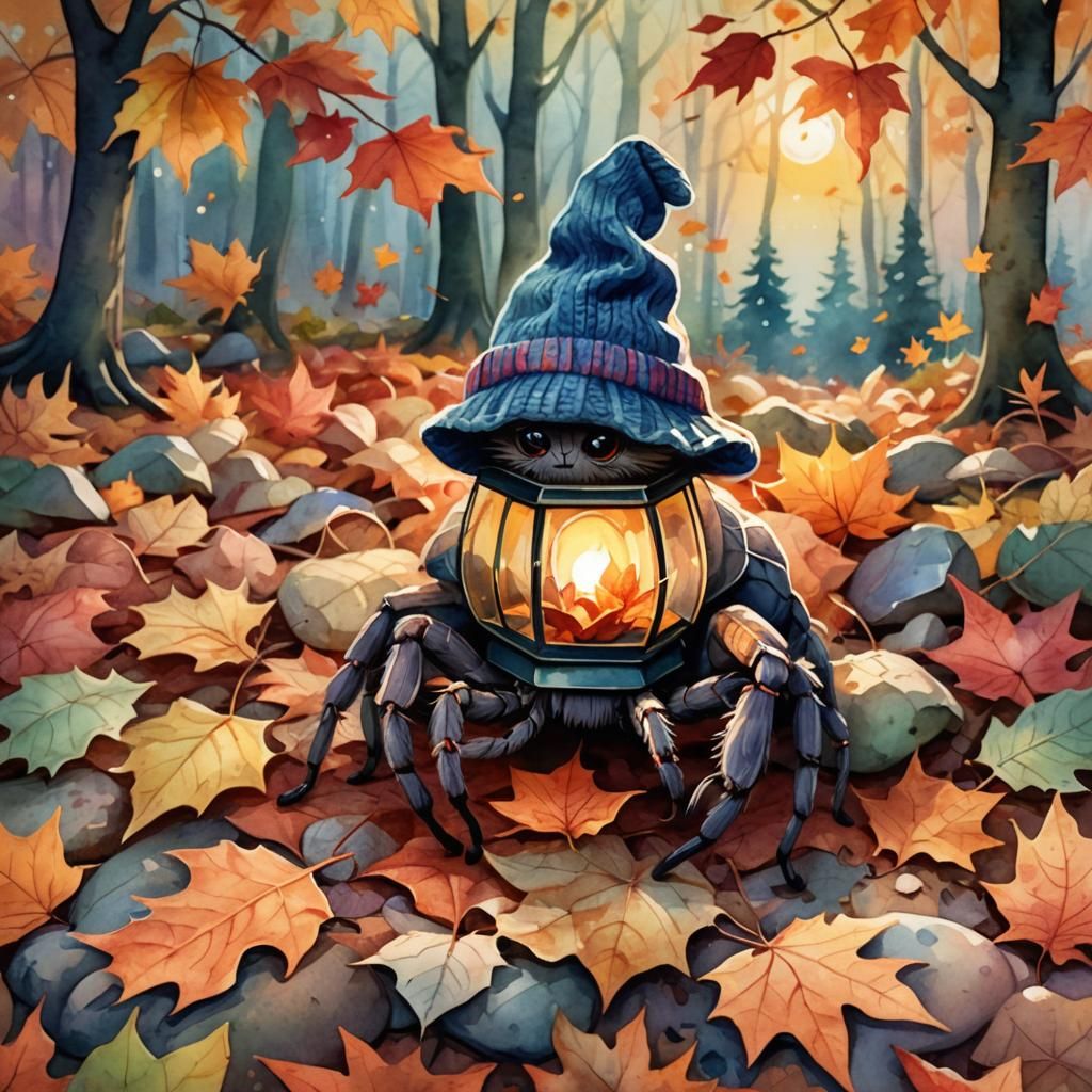 Cozy Spider in Autumn Leaves Illustration