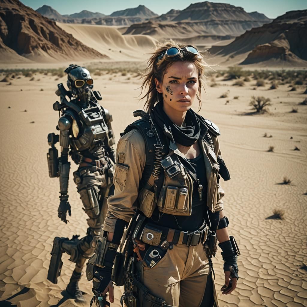 Post-Apocalyptic Cyberpunk Woman in Desert Landscape