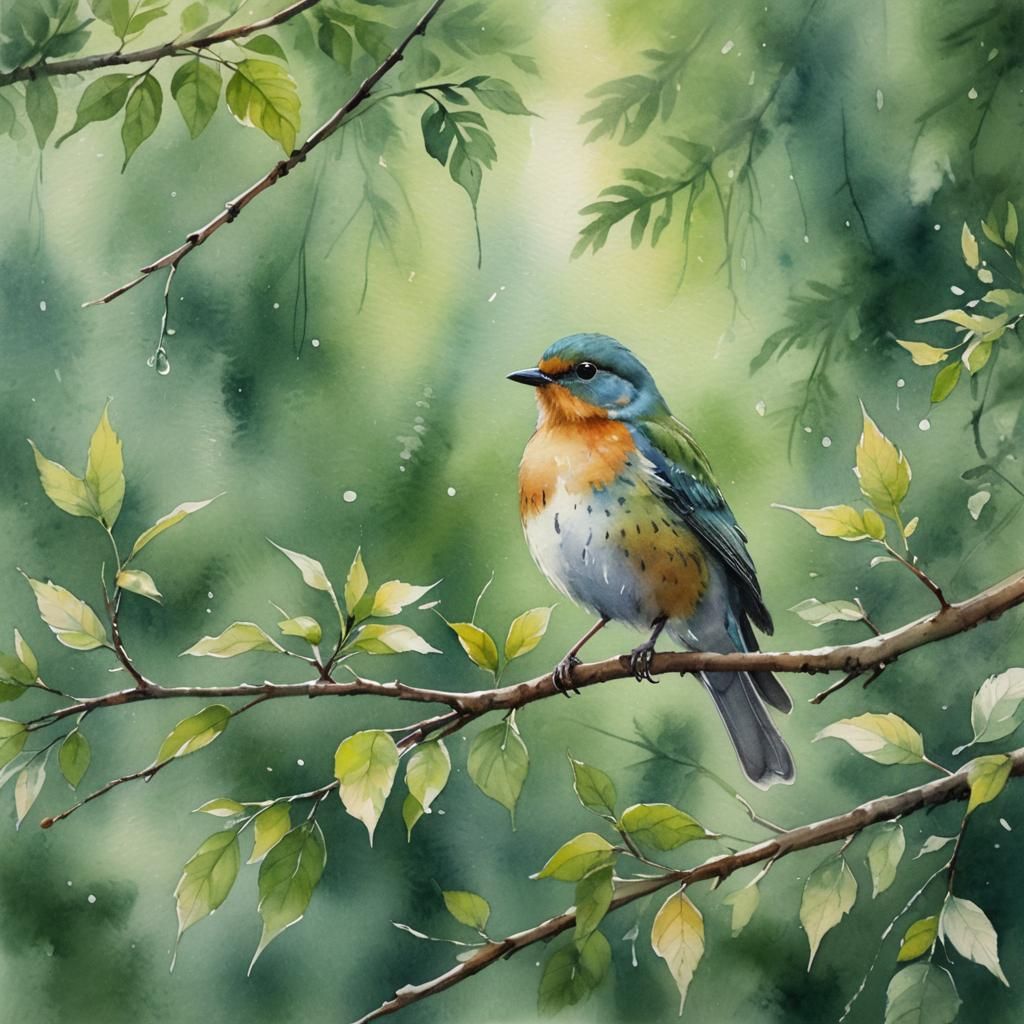 Bird on Branch in Watercolour Painting