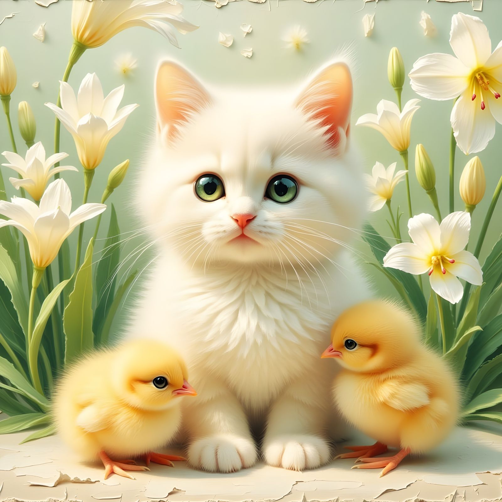 Surreal Impasto Painting of Pearl Cat with Baby Chicks