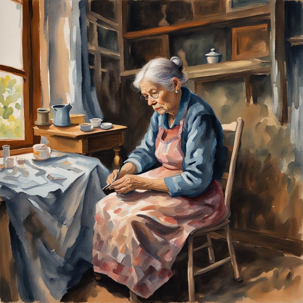 Elderly Woman Embroidering in Gouache Style