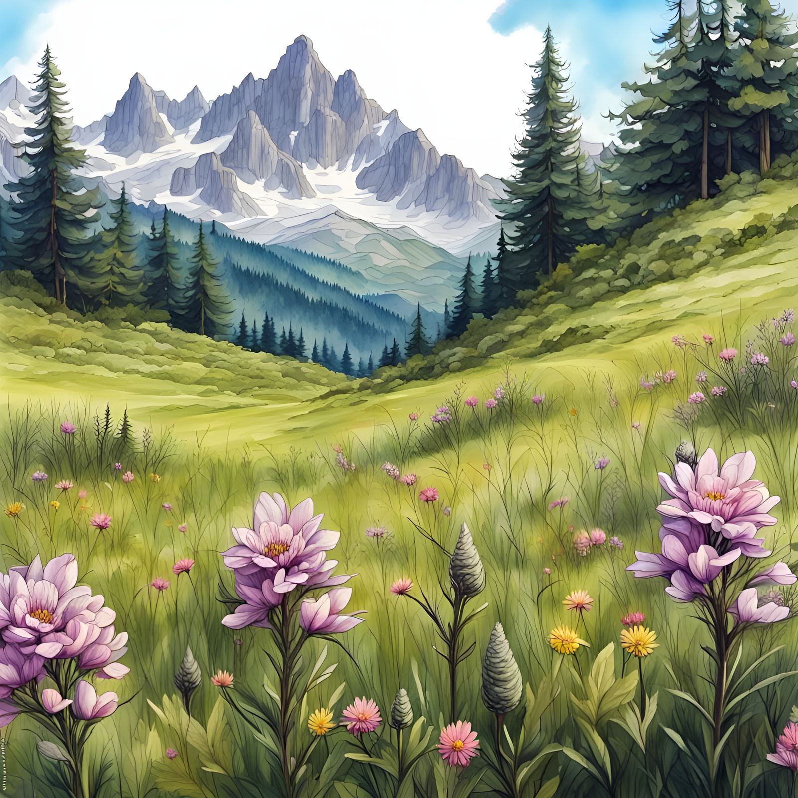 Alpine Flowers and Mountains: Detailed Oil Painting