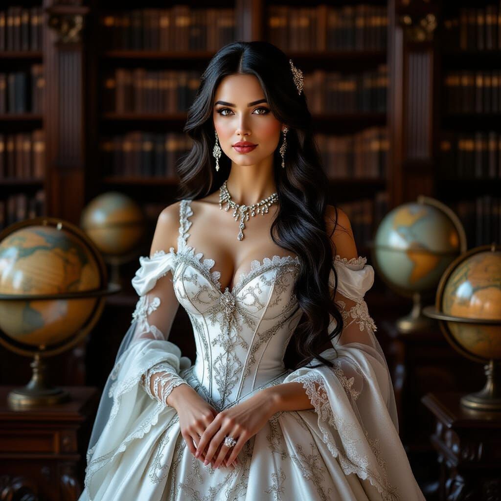 Victorian Lady in Library, Art Nouveau Style