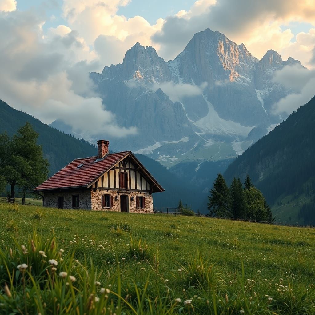 Italian Homestead in Meadow with Alps, Fine Art