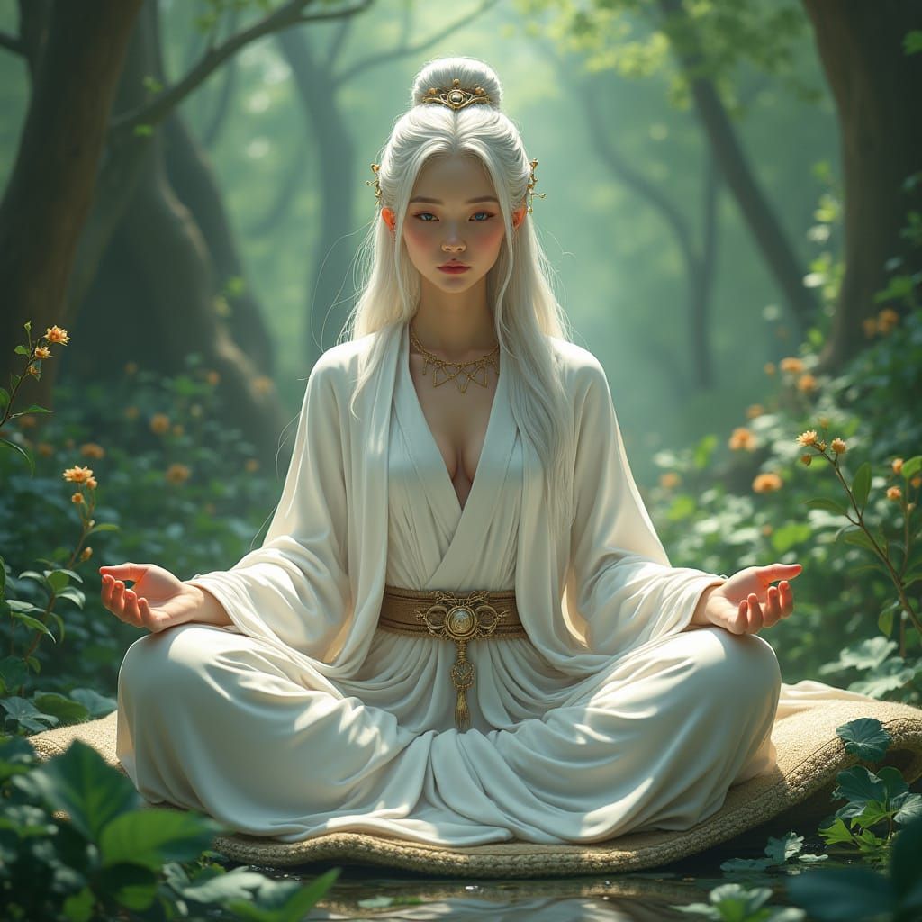 Meditative Woman in Lotus Pose with Fantasy Details