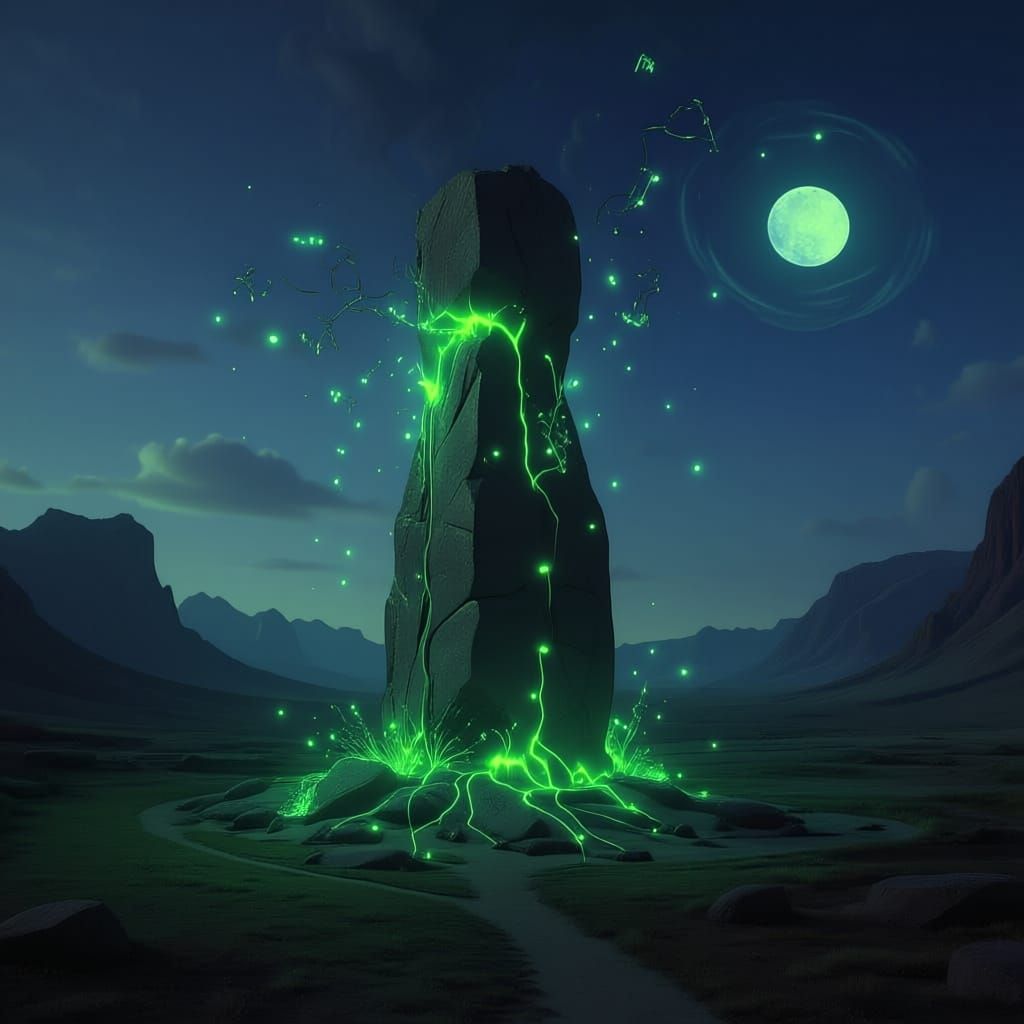 Ancient Monolith in Alien Landscape with Bioluminescent Flor...