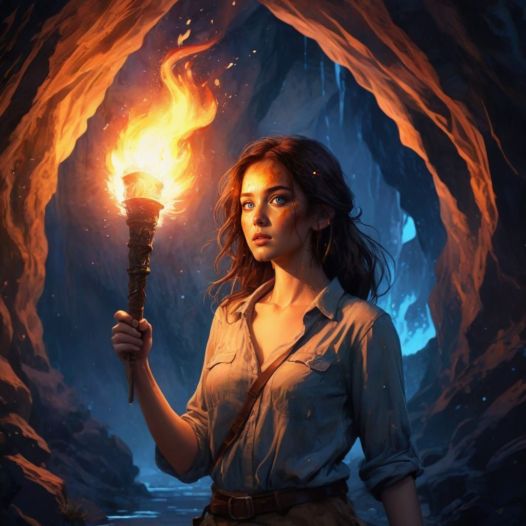 Woman Explorer with Torch in Dark Cave