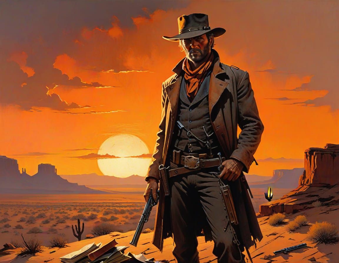 Gunslinger Silhouette at Sunset in Gritty Realism Style