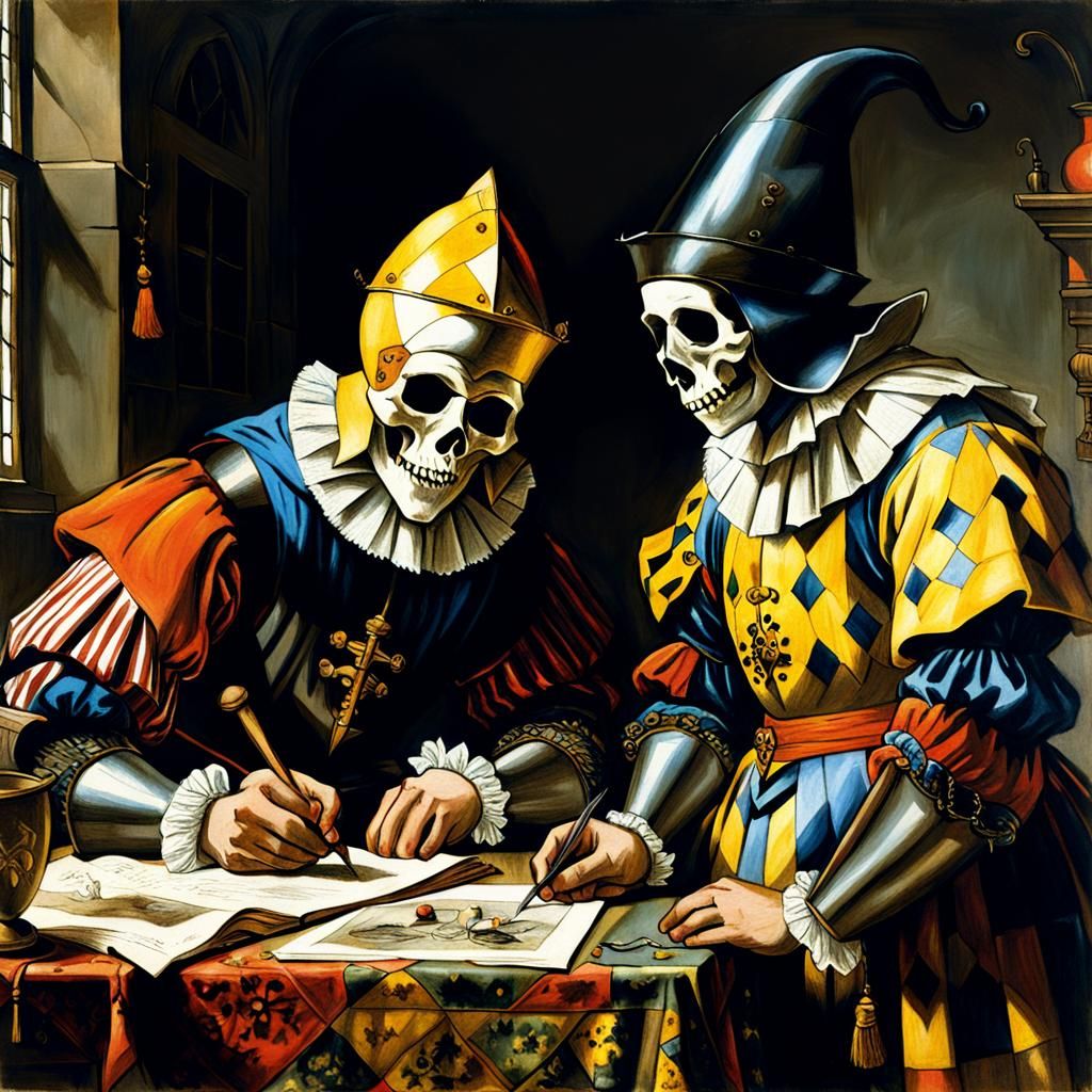 Knight, Jester and Death in Vermeer Style