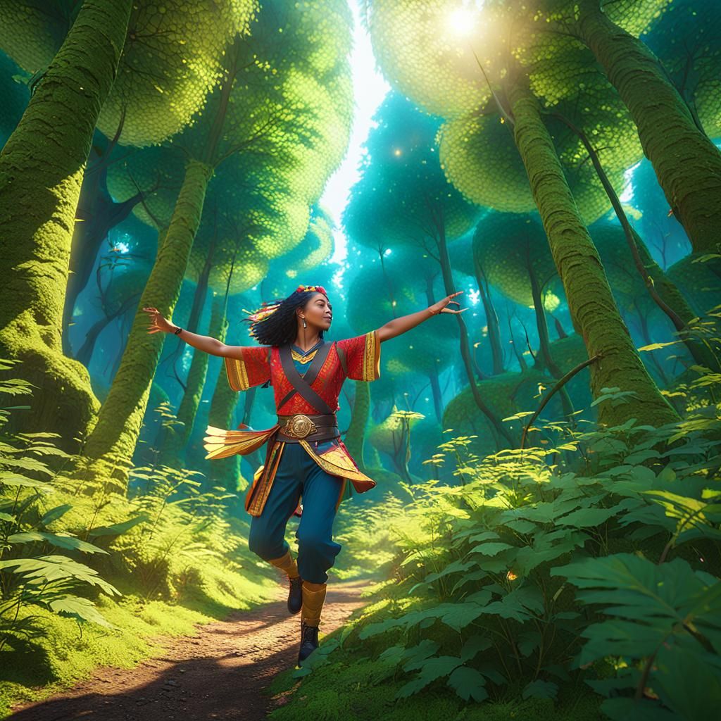 Joyful Adventurer Dancing in Lush Forest, Fantasy Art