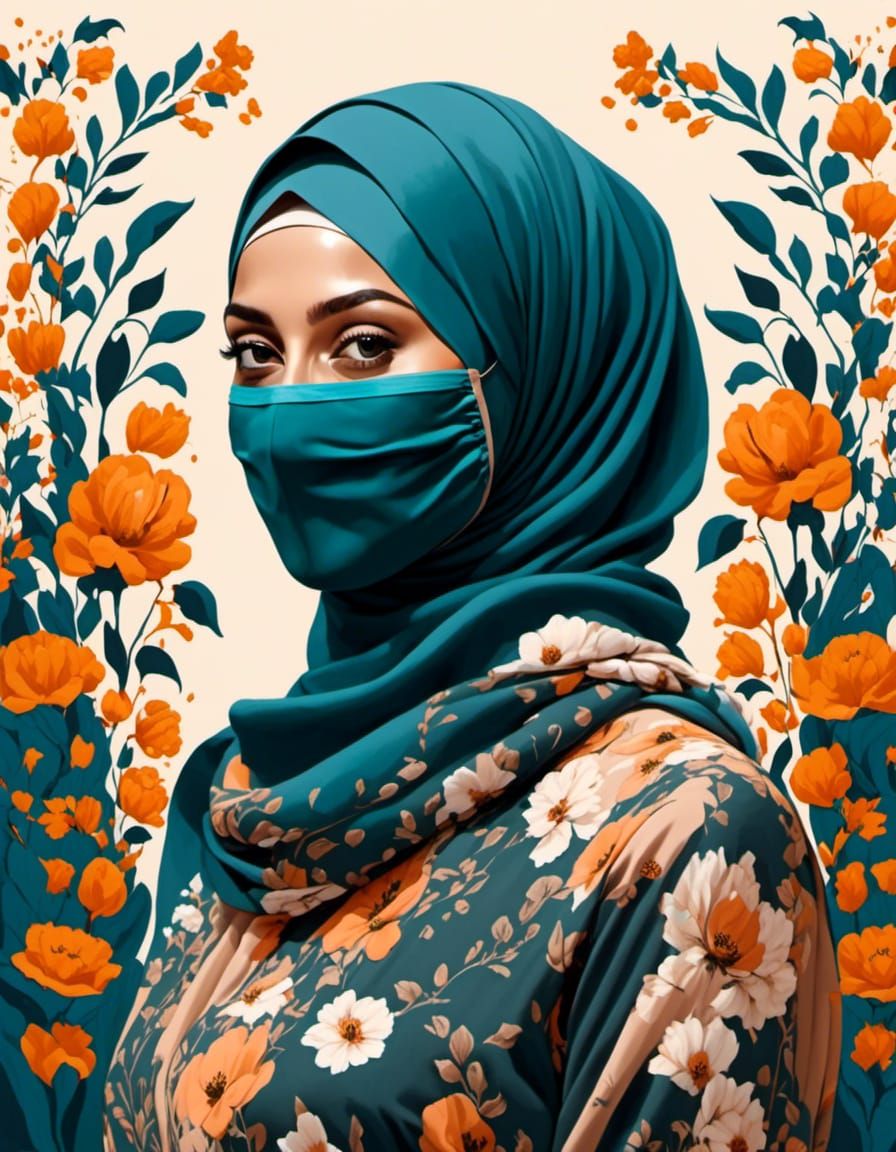 Beautiful Hijabi Woman in Floral Dress and Mask