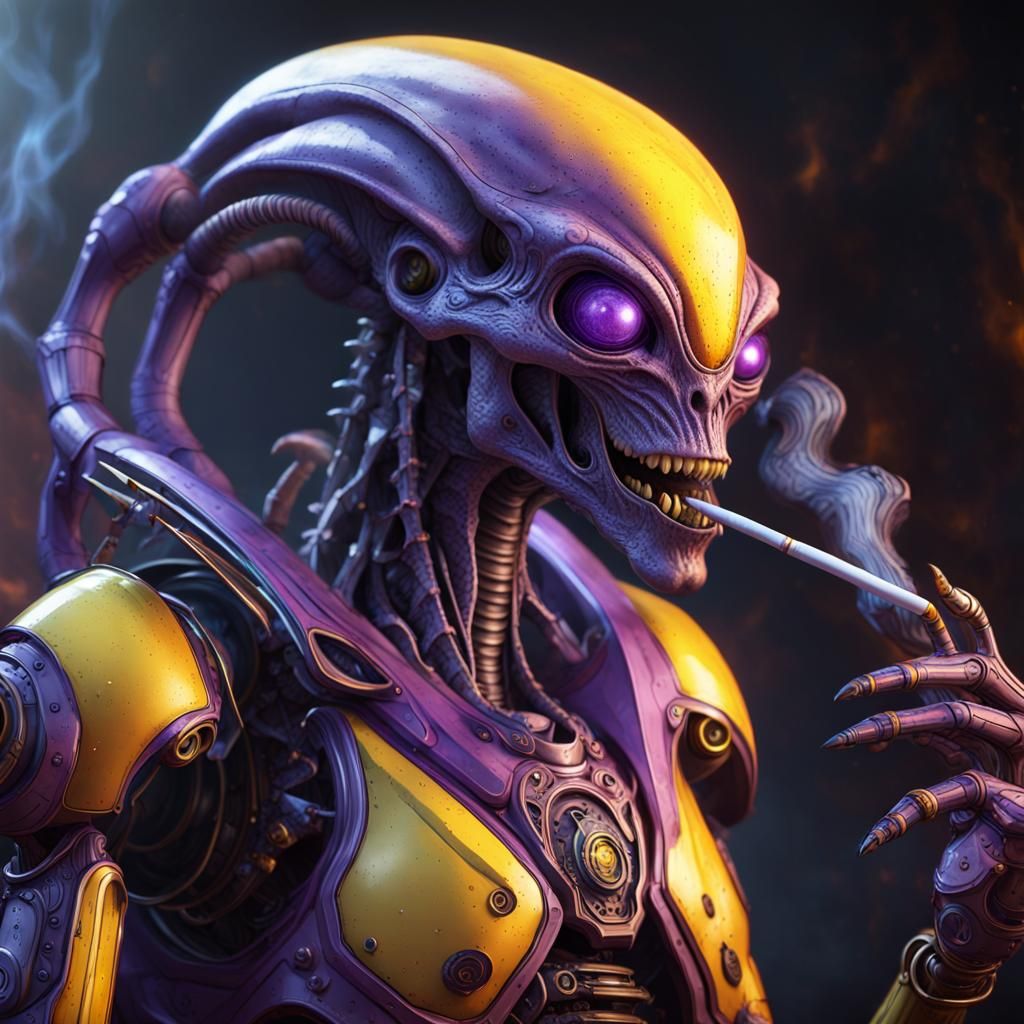 Alien Robot Monster Smoking: Dark Fantasy Art