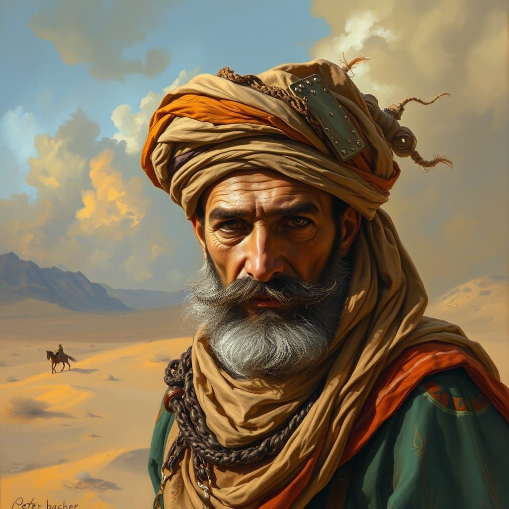 Fantasy Nomad Merchant in Sandstorm Desert