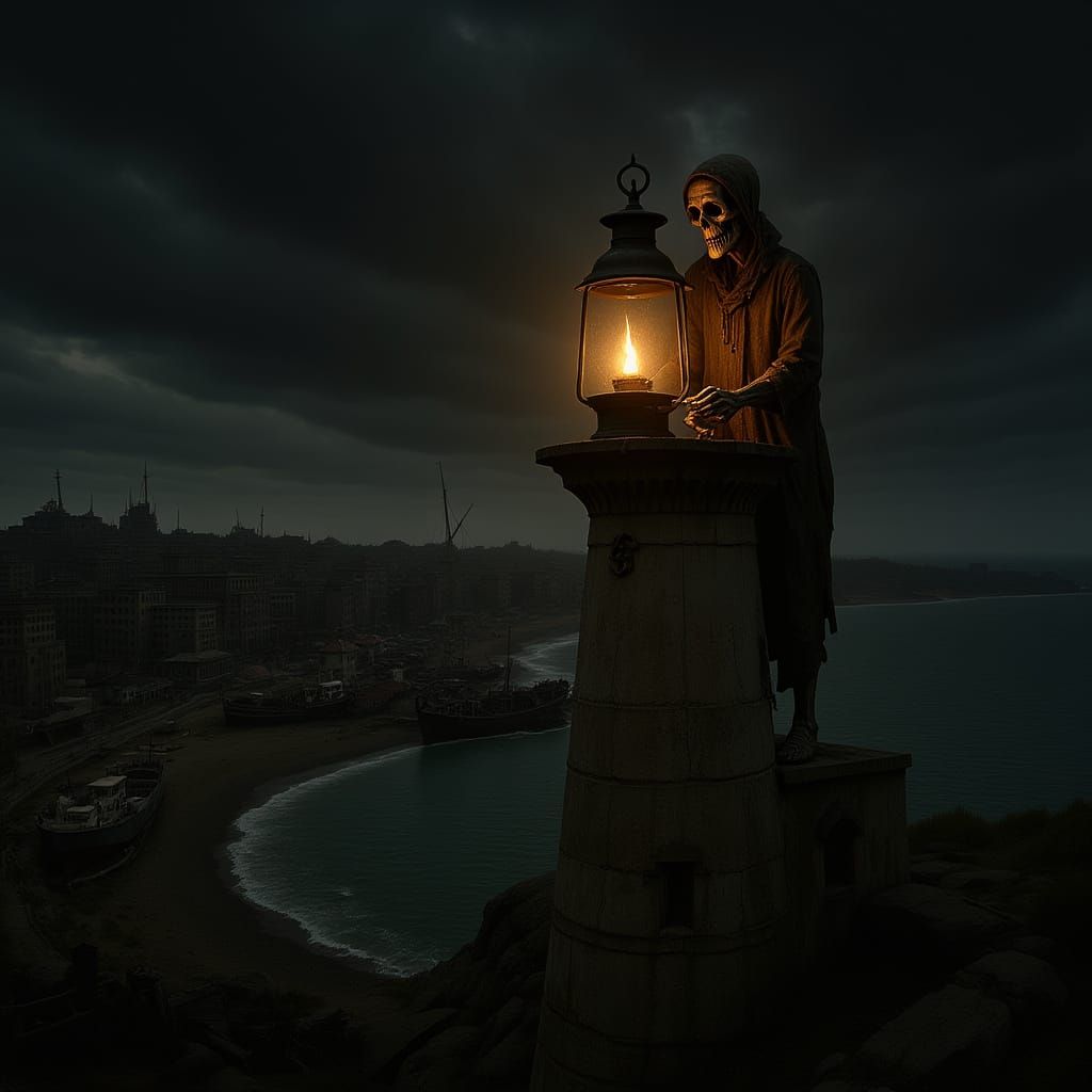 Haunting Skeletal Lighthouse Keeper Lights the Lantern