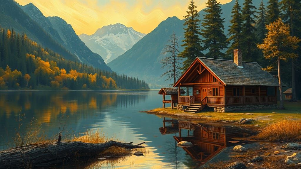 Rustic Cabin at Sunset in Impasto Style