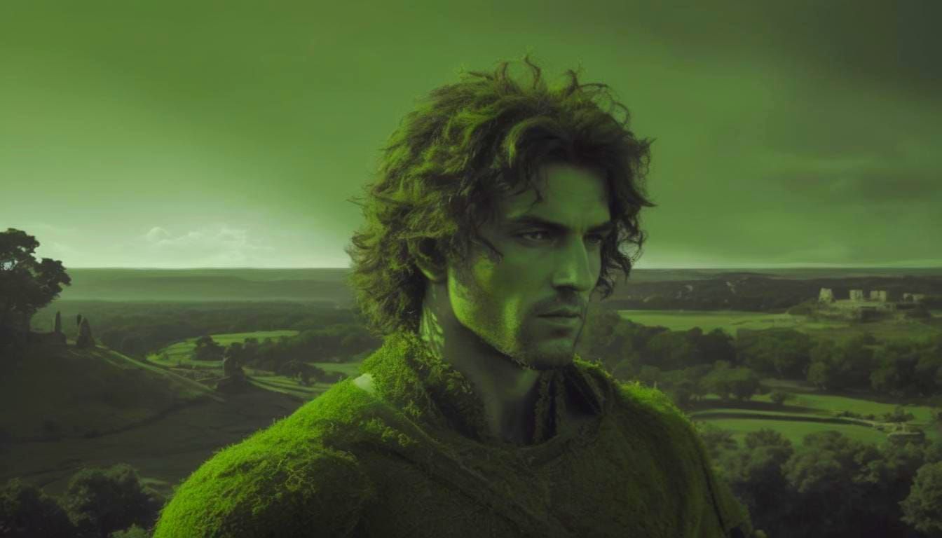 Monochromatic Green Man Gazing at Ancient City