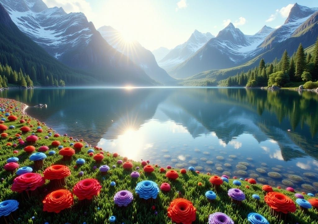 Lush Roses Reflect Misty Mountains in Romantic Style